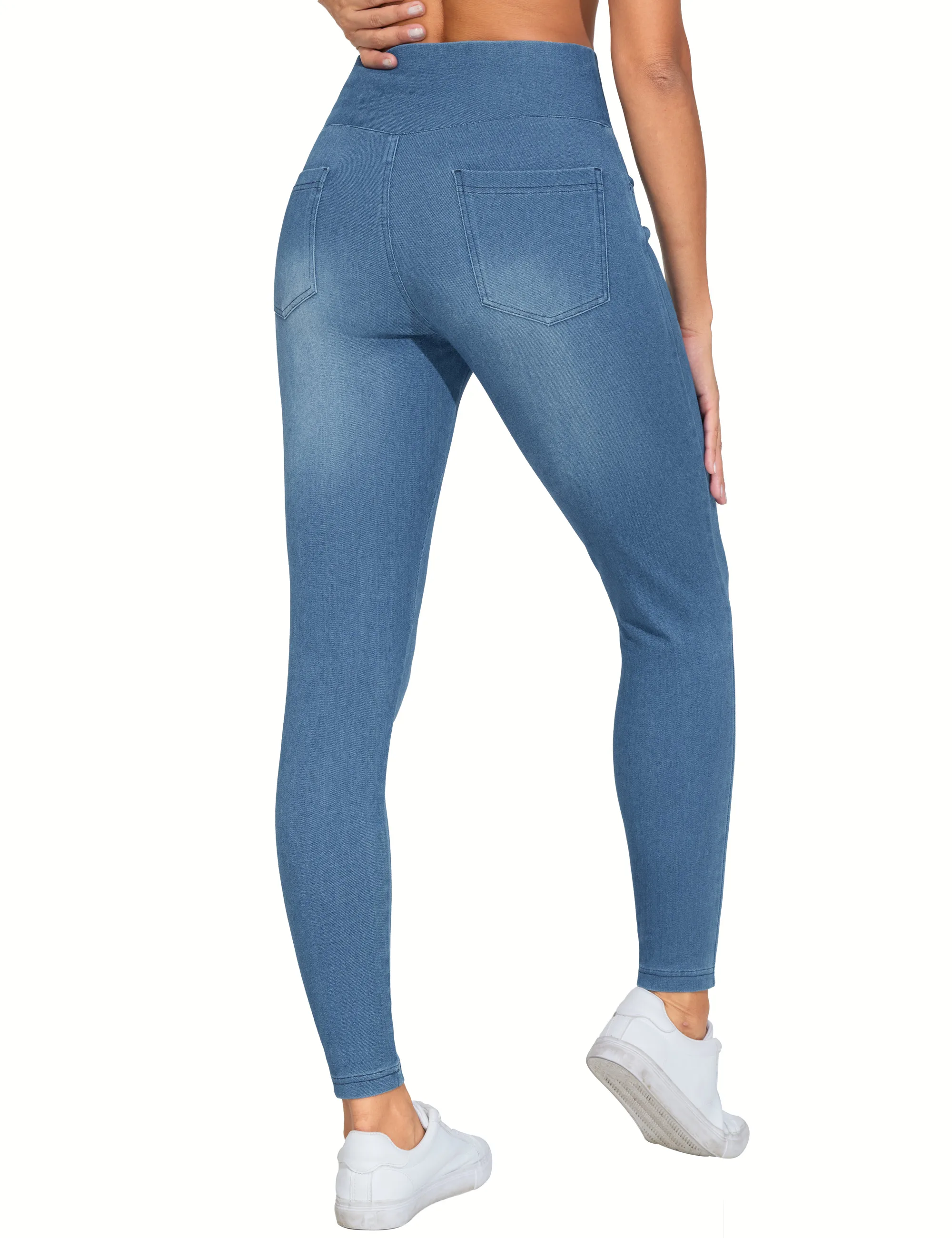 THE GYM PEOPLE Women's  High Waisted Skinny Denim Jegging Pants with Pockets V Cross Stretchy  Jean Leggings