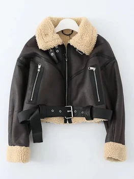 Image Winter women's street clothing artificial lamb fur leather short jacket with belt motorcycle thick warm sheepskin overcoat coat