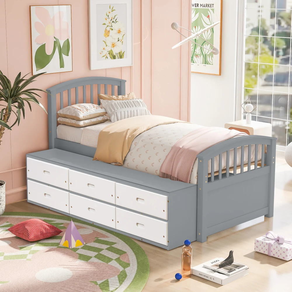 Twin Size Platform Storage Bed Solid Wood Bed with 6 Drawers, Grey+ White