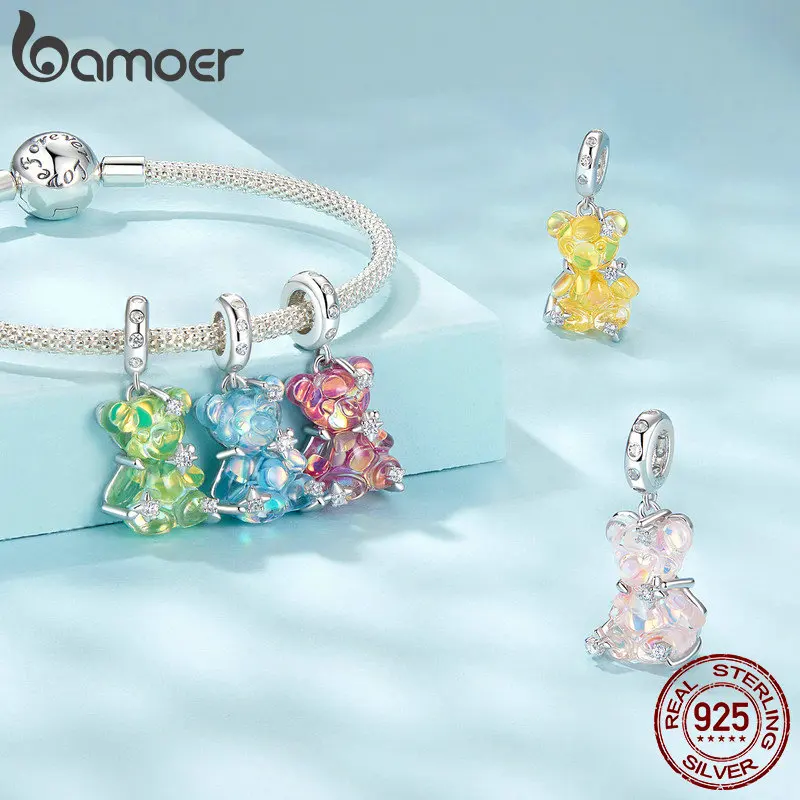 BAMOER 925 Sterling Silver Dreamy Bear Inlaid Stars Charm fit Charm Bracelet Bangle DIY Jewelry Five Colors Pet Pendant SCC2754