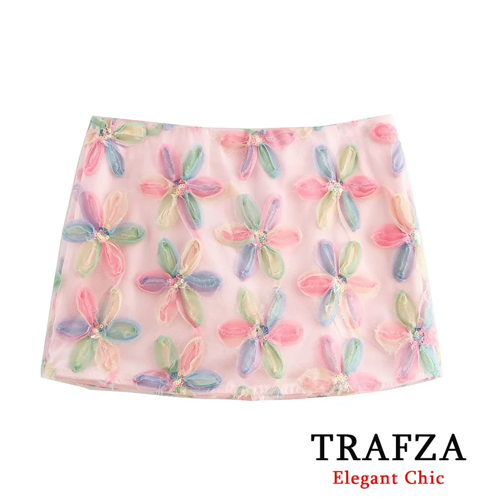 

TRAFZA Women Three-dimensional Flower Skirt with Lining Vibrant Colorways Dopamine-style Skirt New 2024 Summer Energetic Skirt