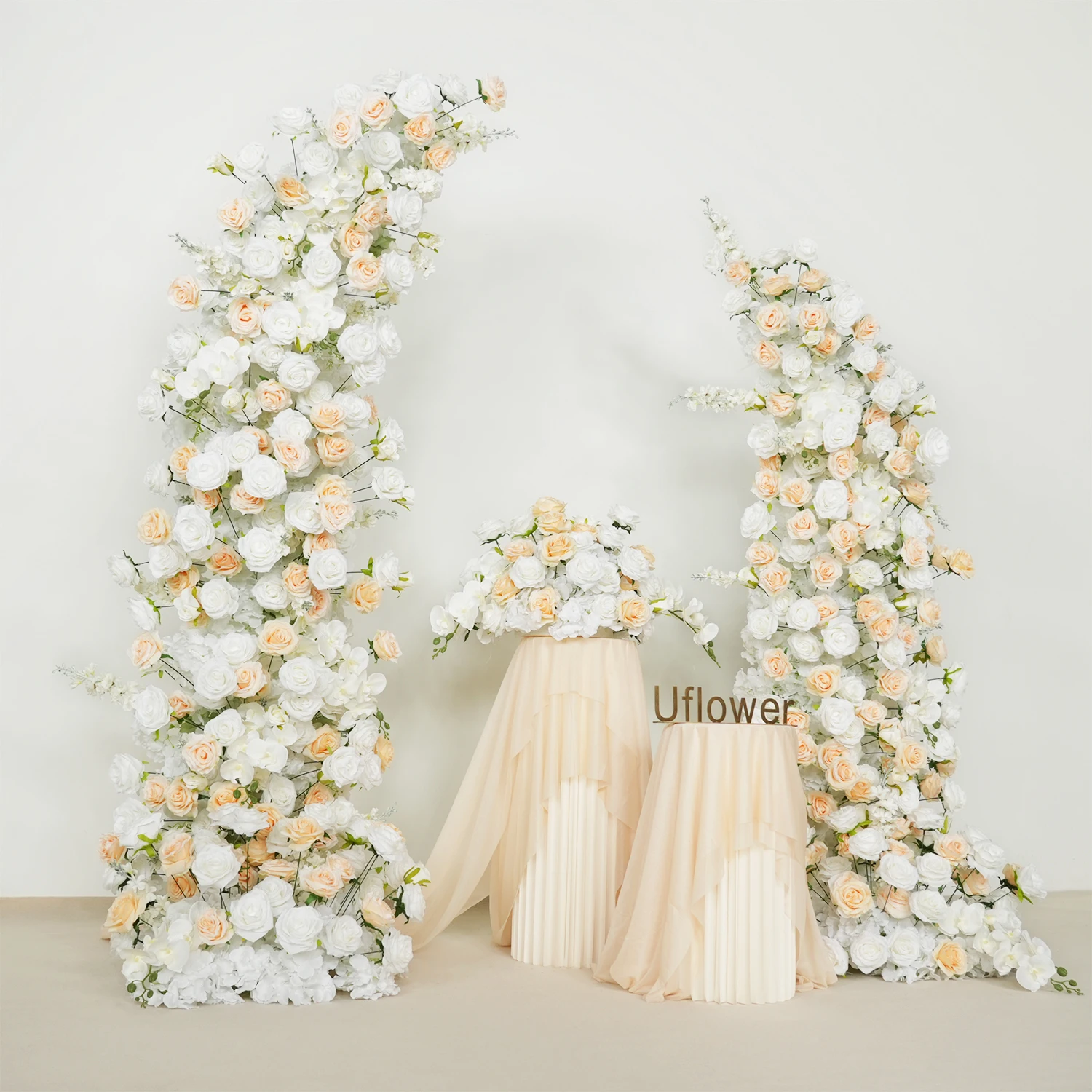 

Uflower White Rose Champagne Floral Arrangement Decor Horn Arch Wedding Backdrop Decor Floor Flower Row Event Banquet Stage Prop
