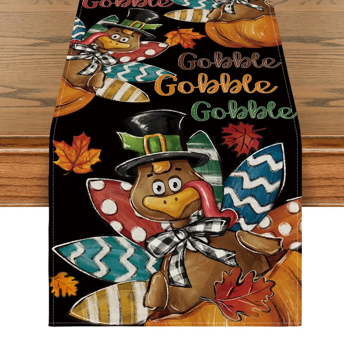 Black Gobble Thanksgiving Table Runner, Turkey Pumpkin, Fall, Harvest Kitchen, Dining Table Decoration for Home Party Decor