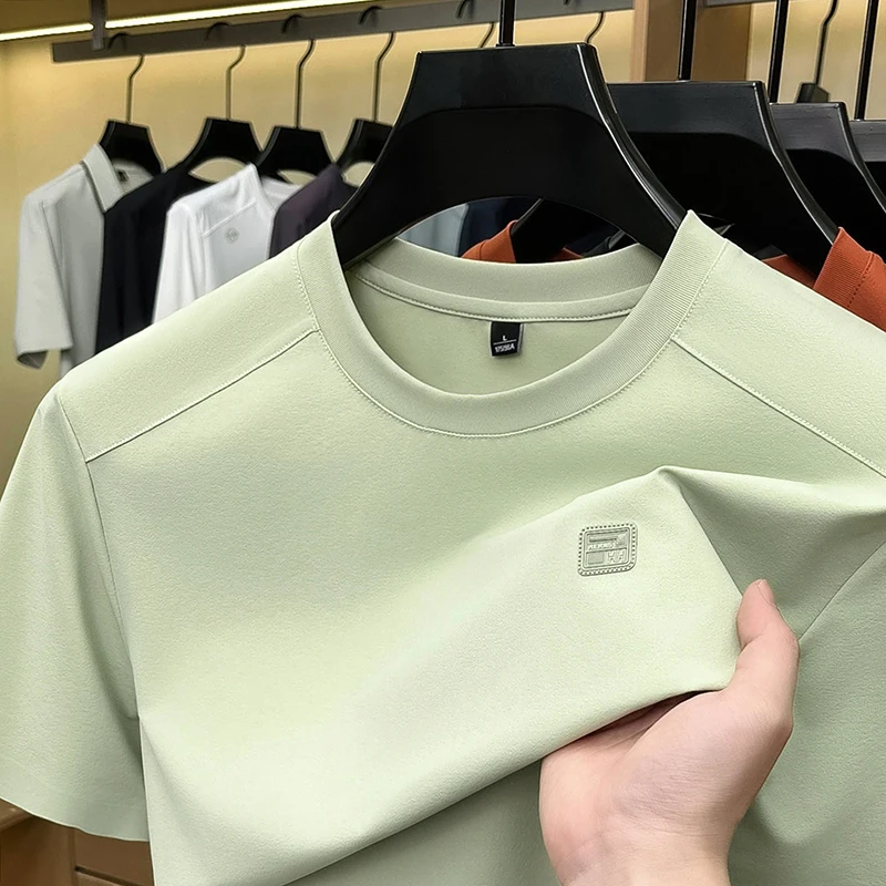 Light luxury brand short sleeve men's T-shirt summer breathable ice silk round neck casual comfort new fashion solid color top