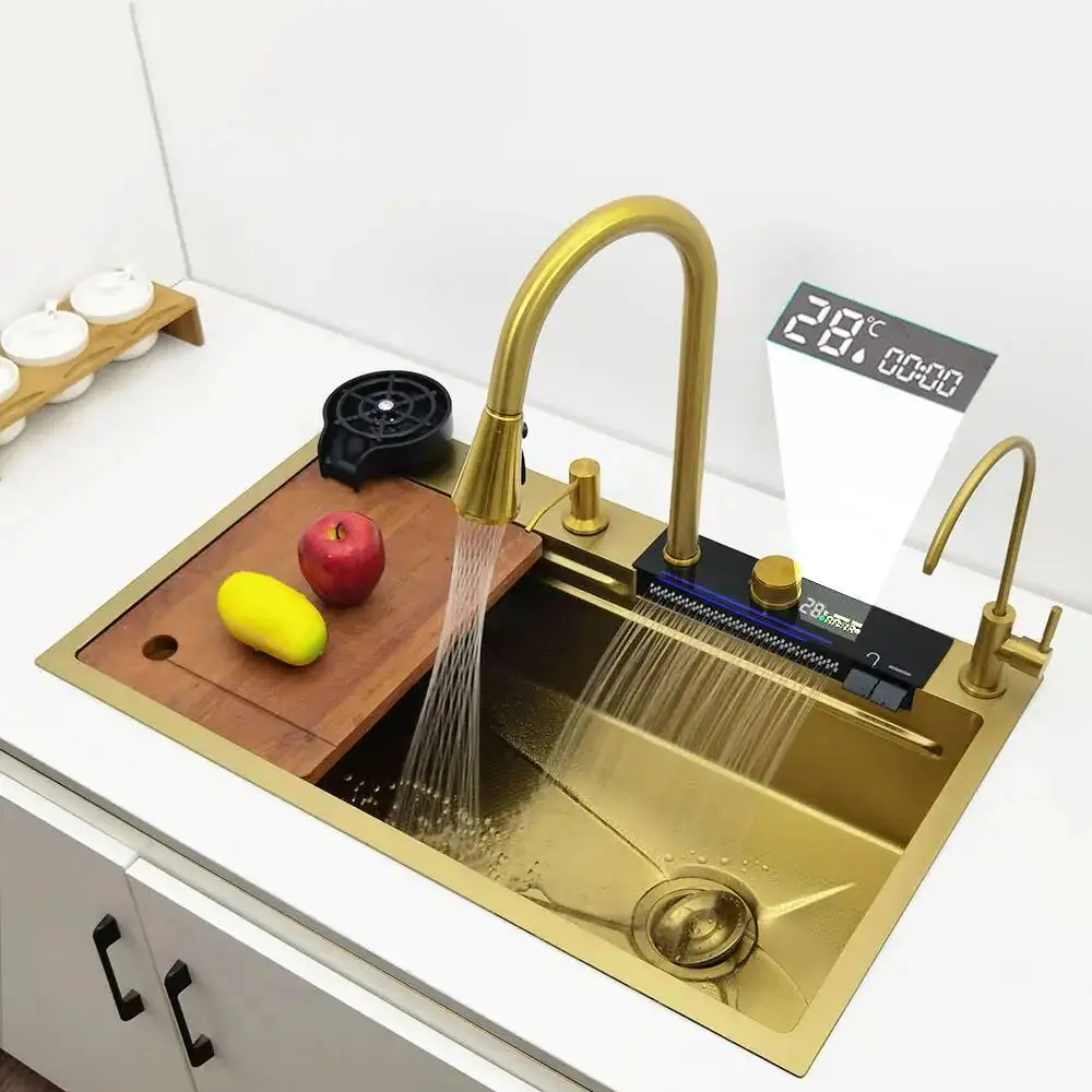 

Kitchen Sink Gold Color with Digital Display Flying Rain Faucet Honeycomb Patterned Surface Wear-resistant Scratch-proof Process