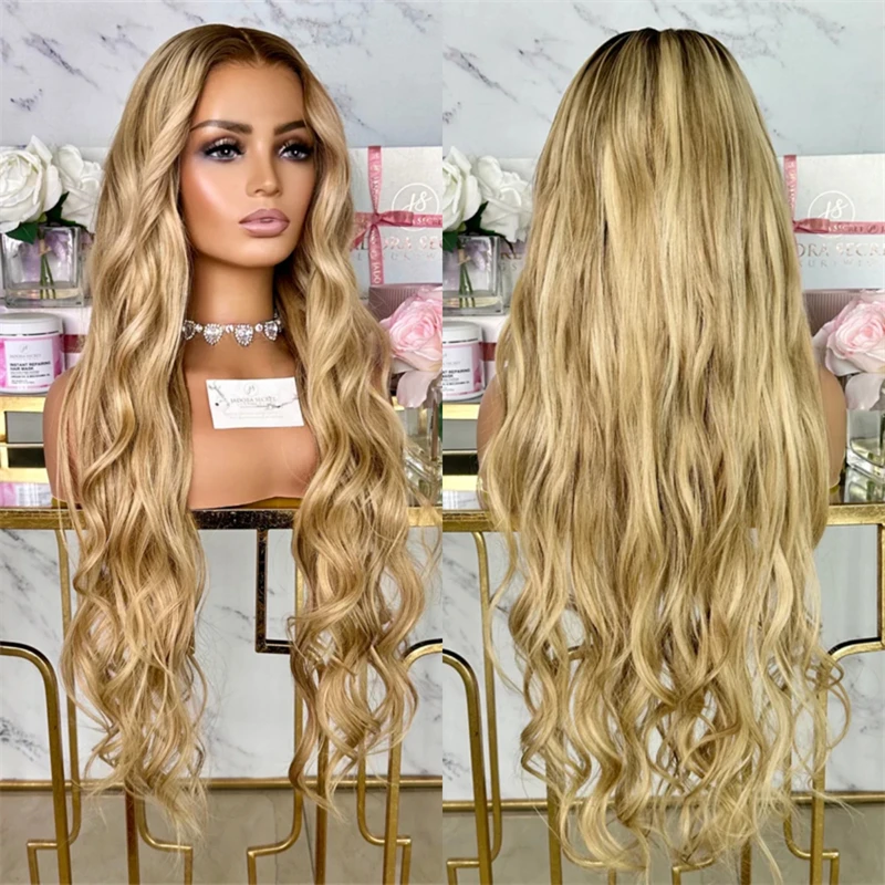 

30-дюймовый Ombre Золотисто-русый балаяж Роскошный синтетический парик фронта шнурка Длинный объемный парик Бесплатная часть HD Невидимый парик фронта шнурка