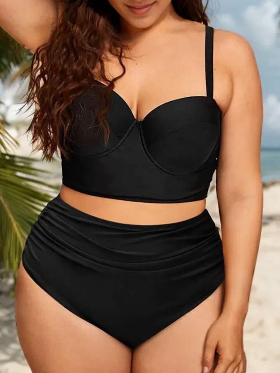 2024 Large Plus Size Push Up Solid Bikini Two Piece High Waist Swimsuit Women Swimwear Female Bathing Suit Beachwear Swimming