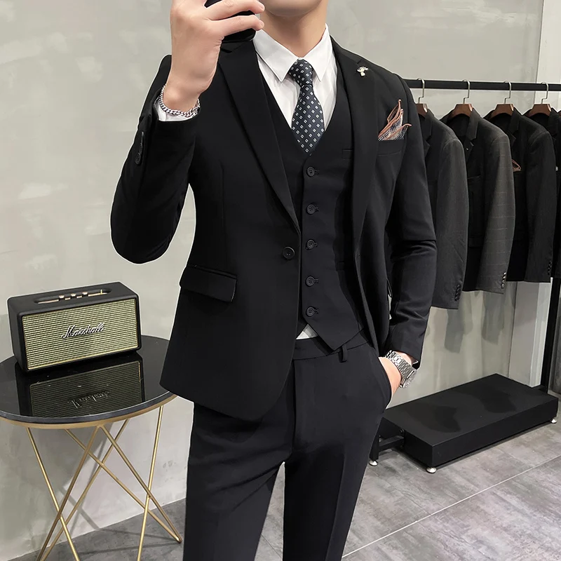 (Jacket + Vest + Pants) High-end Brand Boutique Fashion Solid Color Business Office Mens Casual Business Suit Groom Wedding Gown