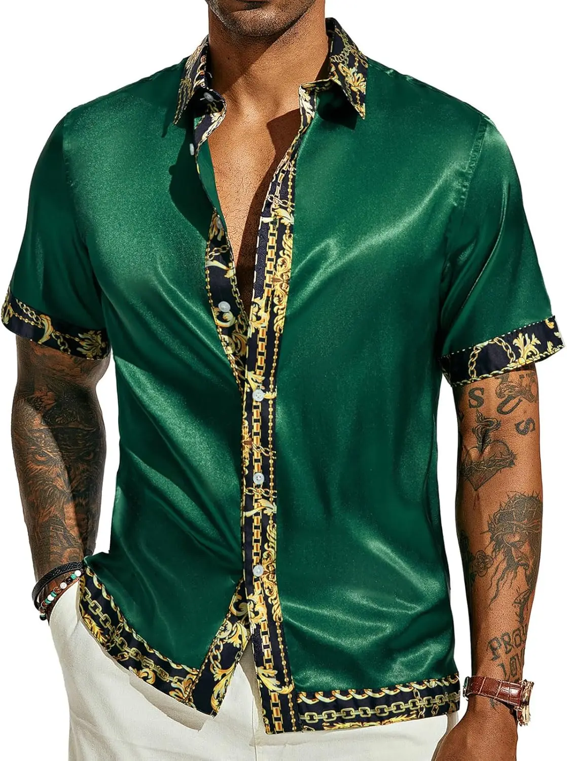 

Модные мужские рубашки на пуговицах с коротким рукавом, повседневные эластичные атласные шелковые гавайские пляжные рубашки, роскошные вечерние свадебные рубашки