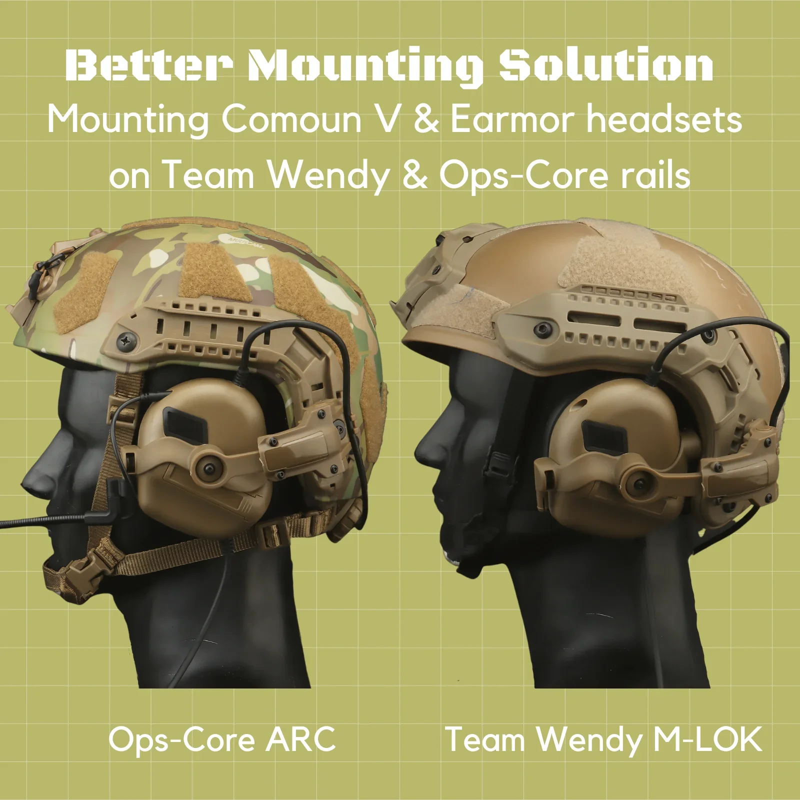 Free-Angle Headset Rail Mount For Earmor Headset On Team Wendy M-Lok, Ops-Core Fast ACH Helmet Arc Rail Airsoft M32 M31