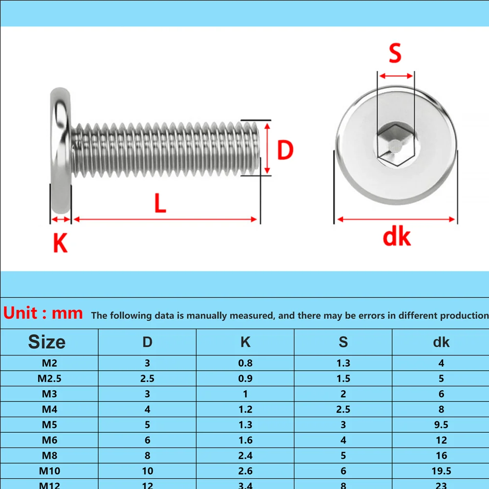 304 Stainless Steel Flat Head M2 M2.5 M3 M4 M5 M6 M8 M10 M12 Hex Hexagon Socket Ultra Thin Flat Wafer Head Allen Cap Screw Bolt