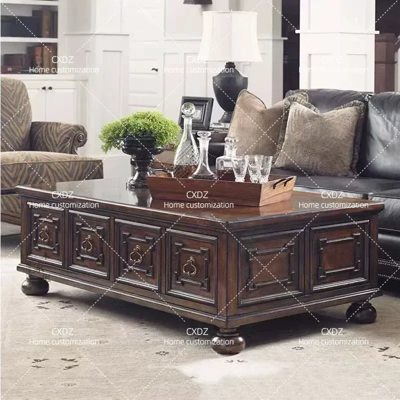 American Solid Wood Retro Coffee Table with Square Drawer Large Living Room Tea Table for Villa Household Furniture