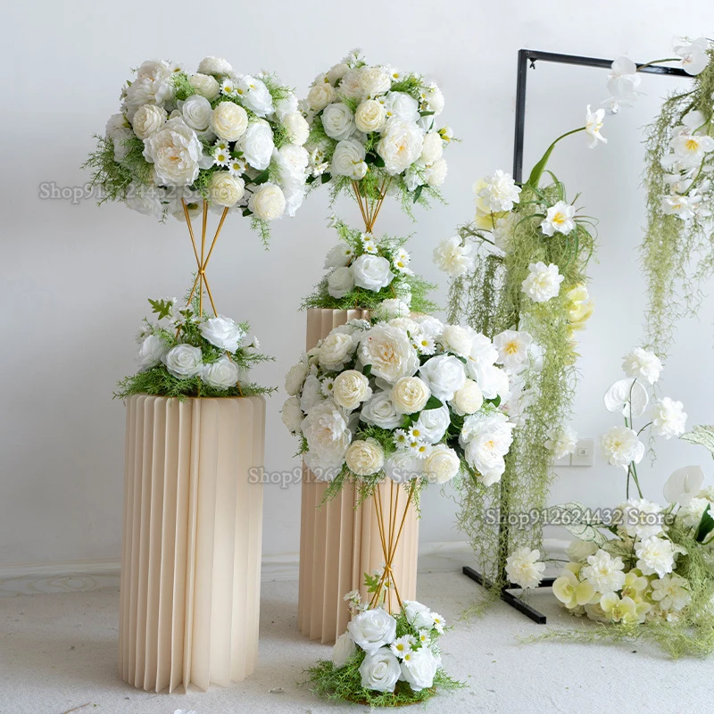 White Artificial Rose Green Leaf Flower Row Wedding Hanging corner Flower Centerpiece Backdrop Wall Deco Table Floral Party Deco view 3