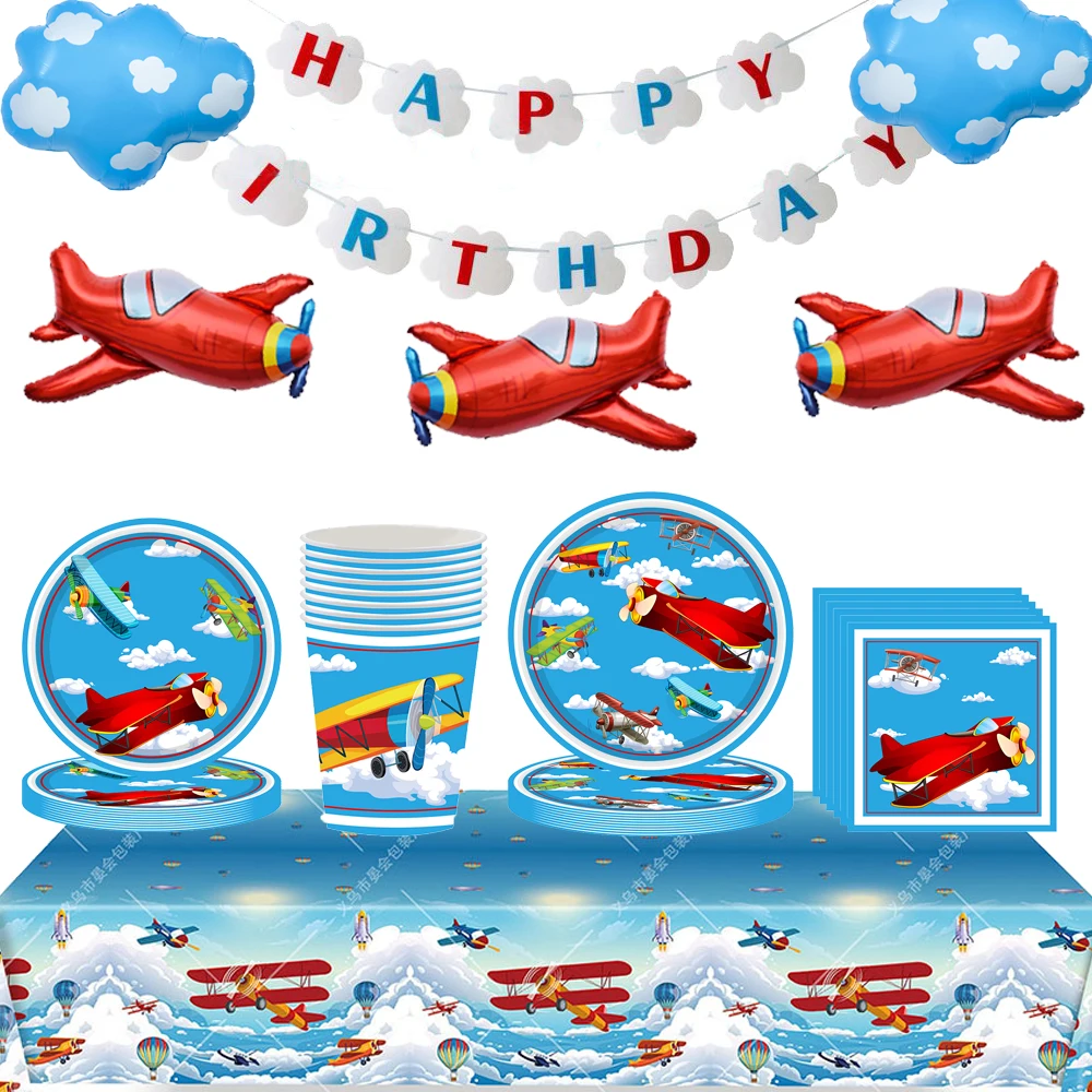 Airplane Birthday Disposable Tableware Paper Napkins Tablecloth kids Birthday Airplane Party Supplies Baby Shower Party Decor