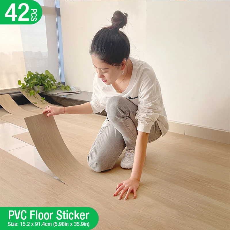 (pack of 42pcs/6m²) PVC Self-adhesive Wood Grain Floor Sticker roll Living Room Toilet Kitchen Waterproof Sticker Wall 15 x 91cm