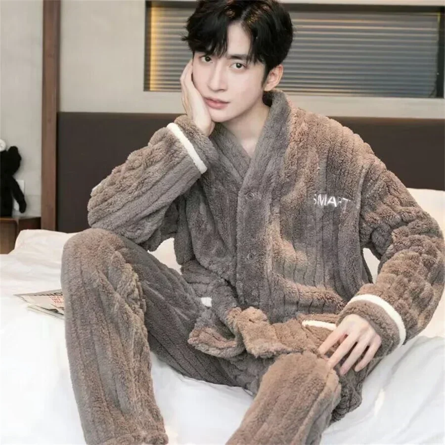 2024 New Men Winter Warm Flannel Pajamas Set V-neck Fluffy Coat + Long Pants Male Sleepwear for Sleeping 2 Pieces Housewear 3XL