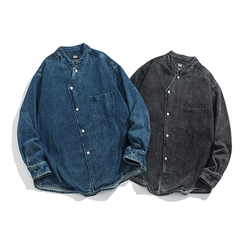 

Retro Japanese Sle Kapital Vintage ex Loose Fit Stand Collar Waed Denim Casual irt Long Sve Youth Faion