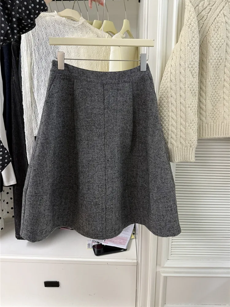 Falda Midi de lana mate para mujer, falda holgada de cintura alta con brotes de flores, falda informal acampanada Sle Ele para otoño e invierno