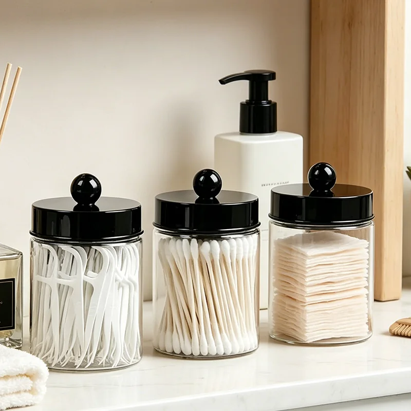 Pot de rangement transparent en acrylique pour coton-tiges avec couvercle noir, anti-poussière, organisateur de salle de bain pour cure-dents, fil dentaire et maquillage