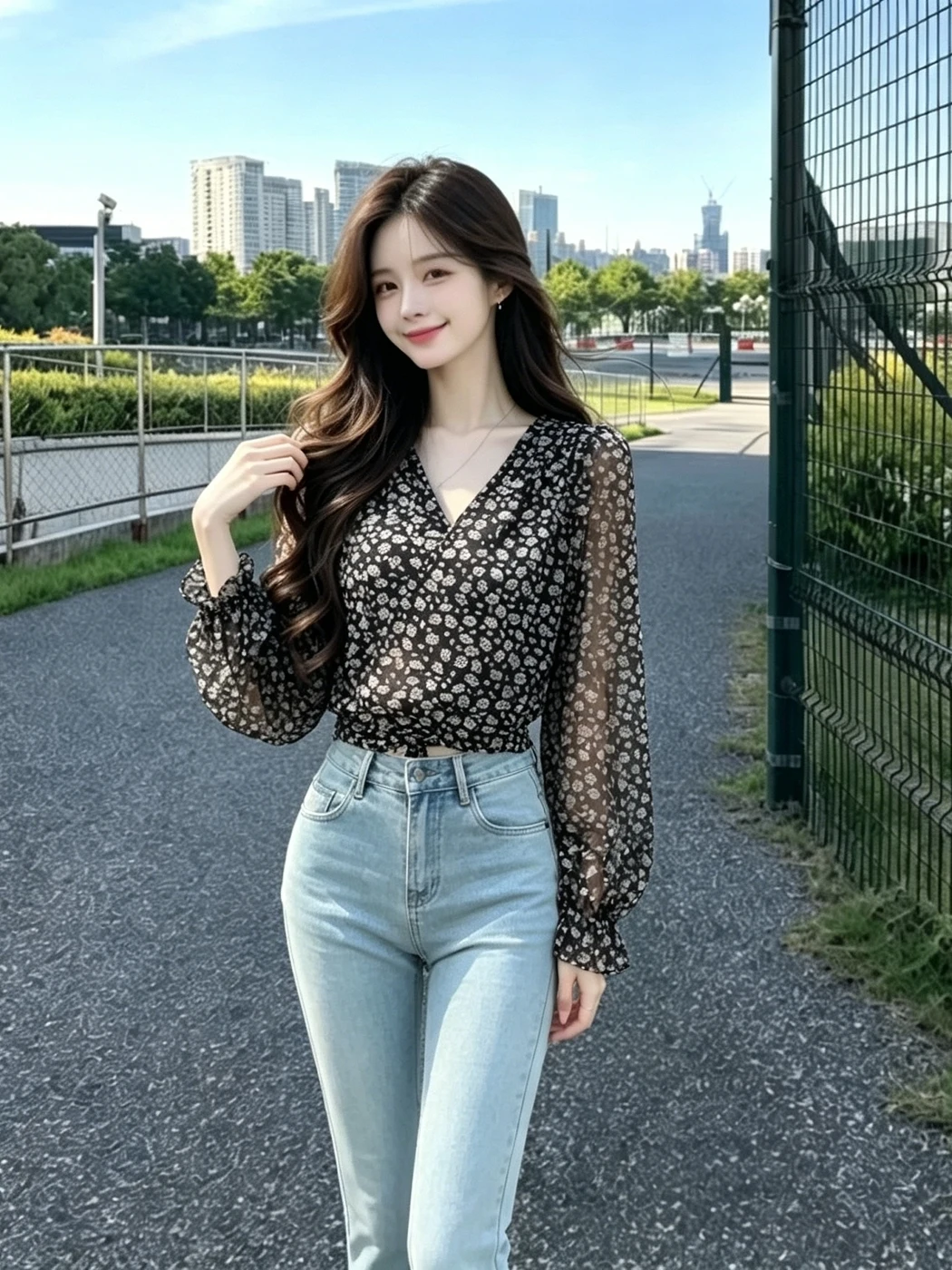 Elegant Black Floral Print V-Neck Long Sleeve Thin Shirt Women's Early Autumn New Unique Beautiful Top Commute Style Loose Fit