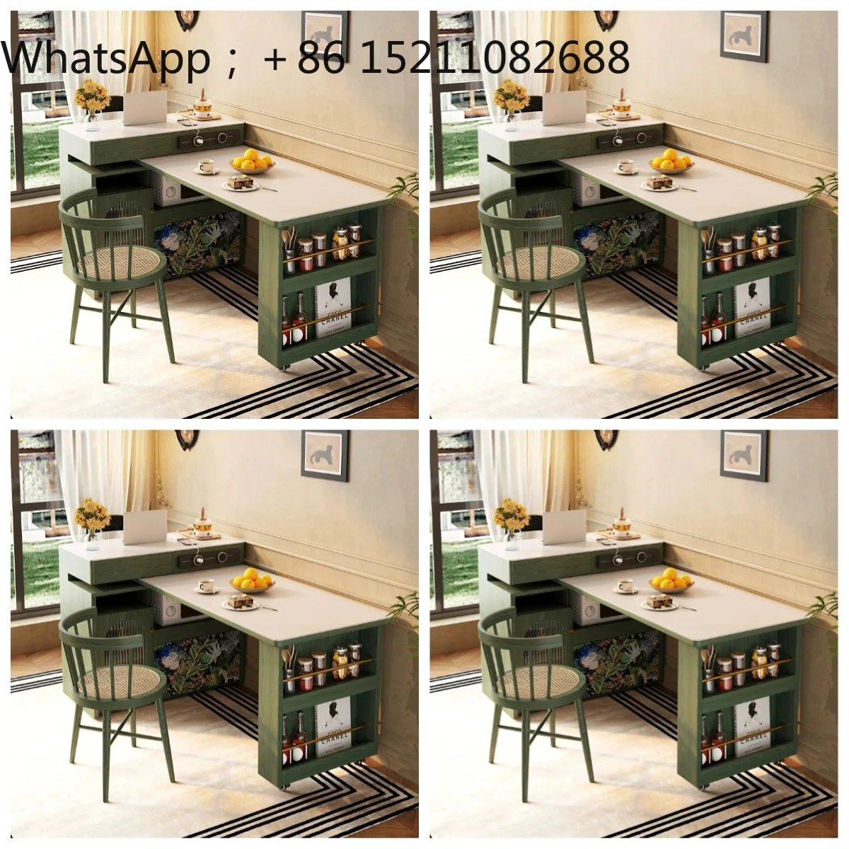 SCY retro island table rotatable antique dining table wooden green dining table and chair combination