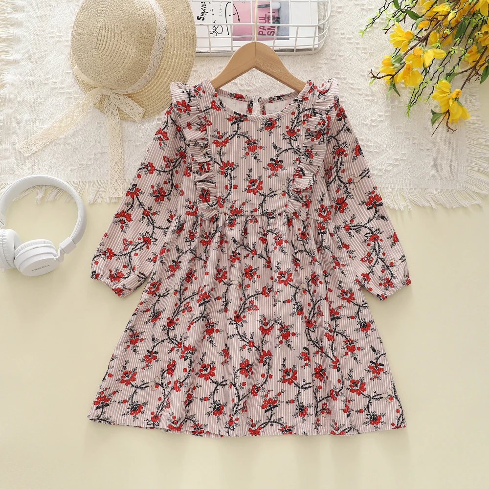 Children's Clothing for Girls Summer Casual Ruffle Decoration Chinese Style Printed Long Sleeved Dress Kids Clothes