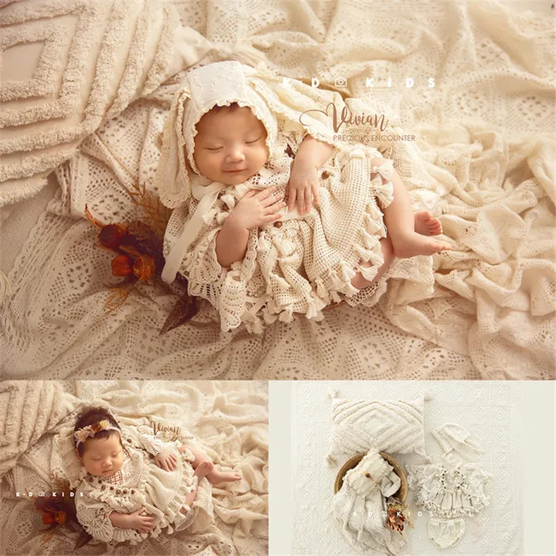 Accessoires de photographie pour nouveau-né, tenues à pampilles de style nordique, couverture en bois, assiette de pose, chapeau d'oreiller, ensemble floral, studio photo