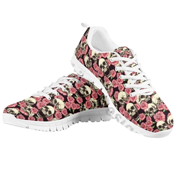 Cool Skull Floral Pattern Woman Flats Shoes Spring/Autumn Lace Up Sneaker Female Casual Footwear Non-slip Large Size Trainers