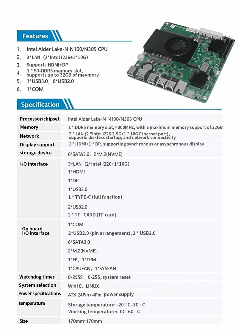 

Материнская плата 10G NAS Intel i3-N305 N150 N100 с 6 отсеками 1*10G, 2*2,5G i226-V, 2*NVMe 6*SATA3.0, 1* материнская плата DDR5 Firewall Security ITX