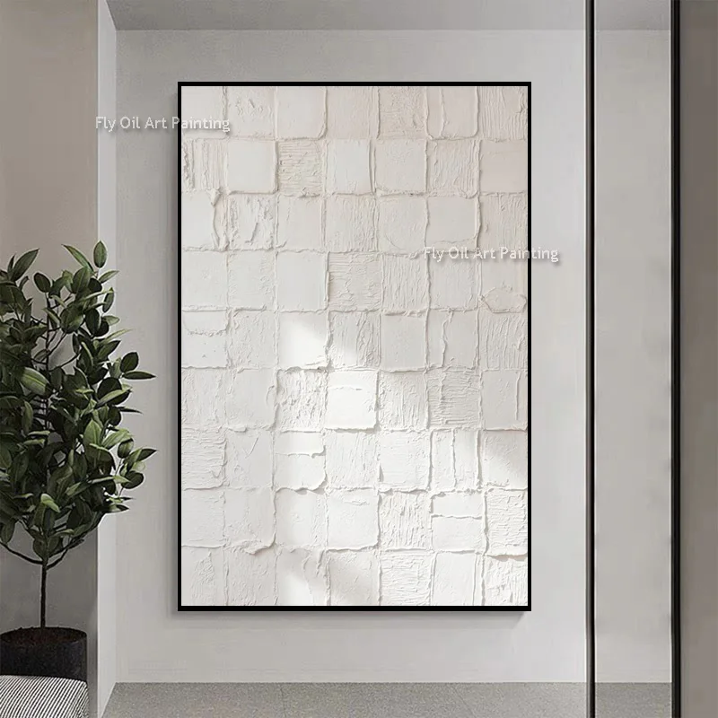 Impasto Hand‑Painted All‑White Abstract Oil Painting, 3D Plaster Textured Grid Canvas Art, Minimalist Wabi‑Sabi Wall Decor