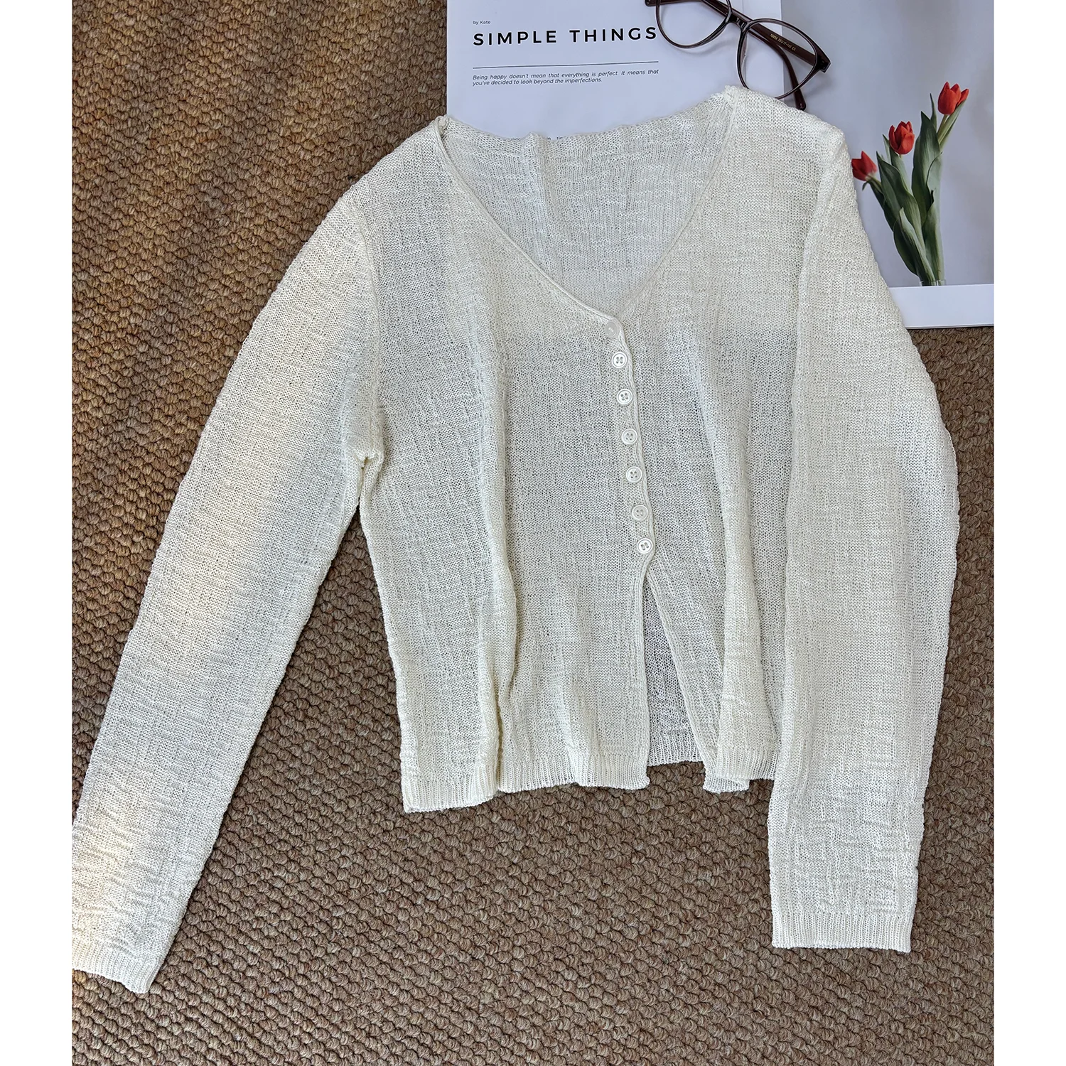 

High Waist Hollow out Linen Open Cardigan Lightweight V-ne Casual Sle Women's Knitted Sweater ort Length Buttoned