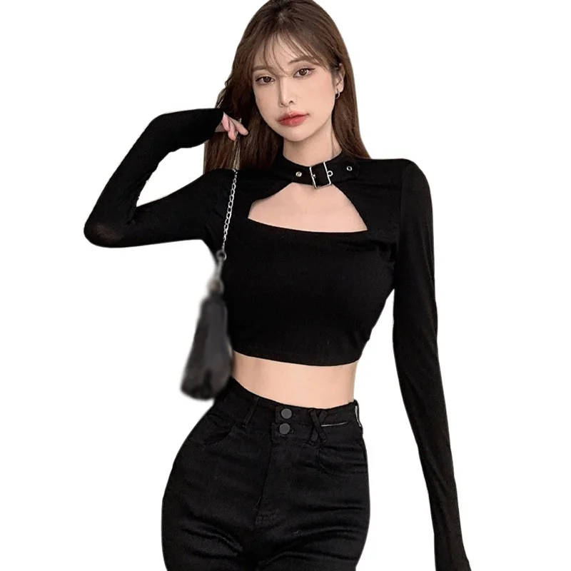 Women\'s Square T-shirt Collar Slim Sexy Navel Exposed Long Sleeved T-shirt Tops