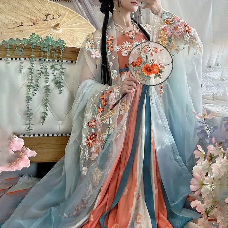 

Spring Summer Chinese Hanfu Women Traditional Hanfu Dance Fairy Costume Ancient Princess Delicate Embroidery Cosplay Dress Set