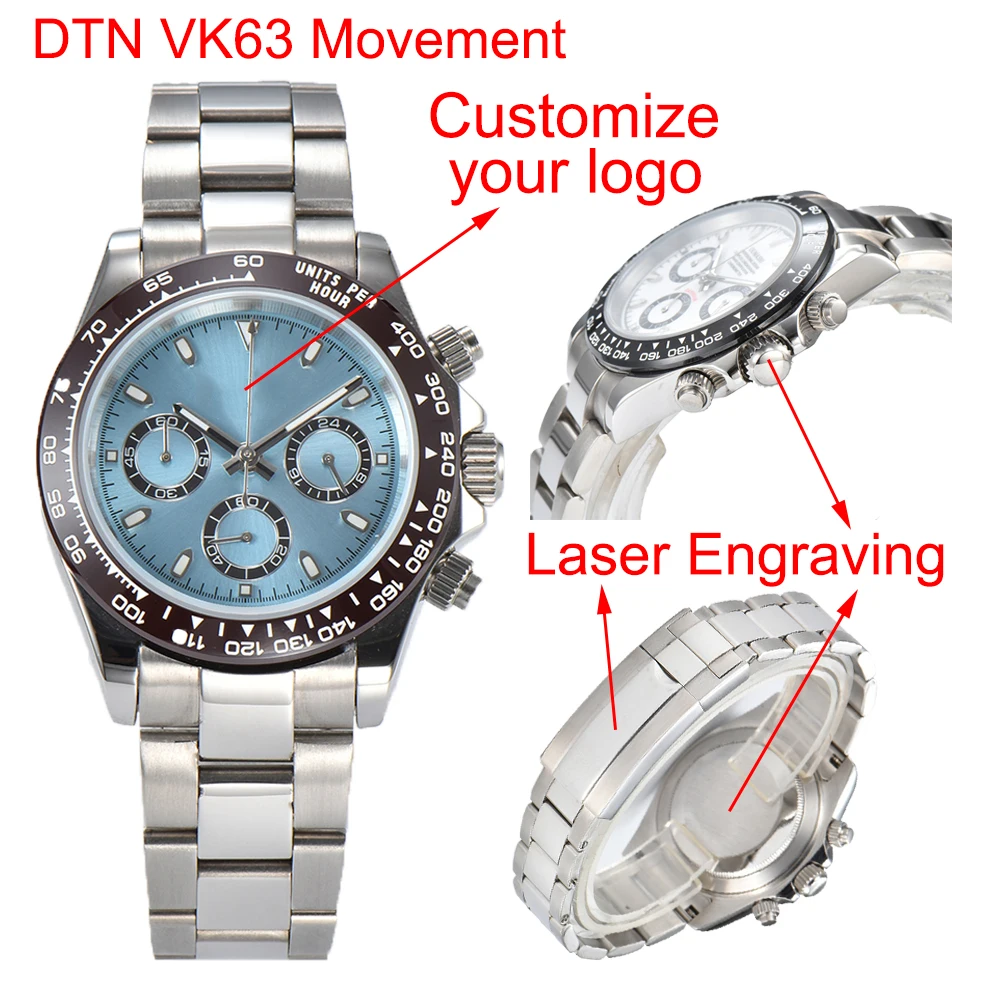 

39mm DTN VK63 Movement Men's Watch Customized logo Panda Three Eye Quartz Watch Sapphire Stainless Steel Waterproof Timing Code