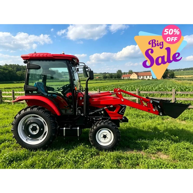 4WD 50HP Farm Tractor with Euro 5 Engine, Multifunctional Mini Agricultural Machine Equipped with Loading Shovel & Excavator