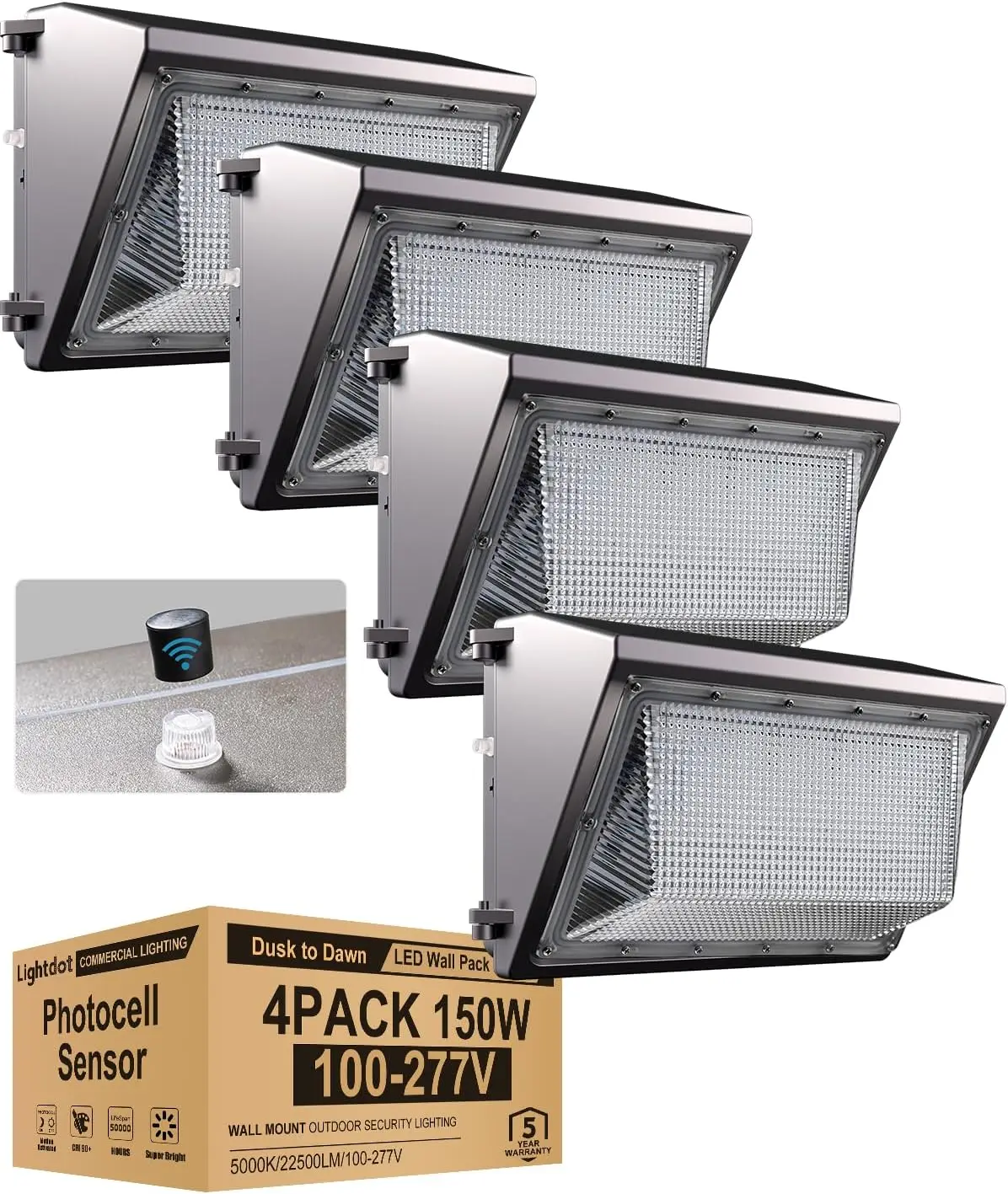 

Lightdot 4Pack 150W LED Wall Pack Lights, 100-277v Dusk to Dawn with Photocell, 22500Lm 5000K Daylight IP65