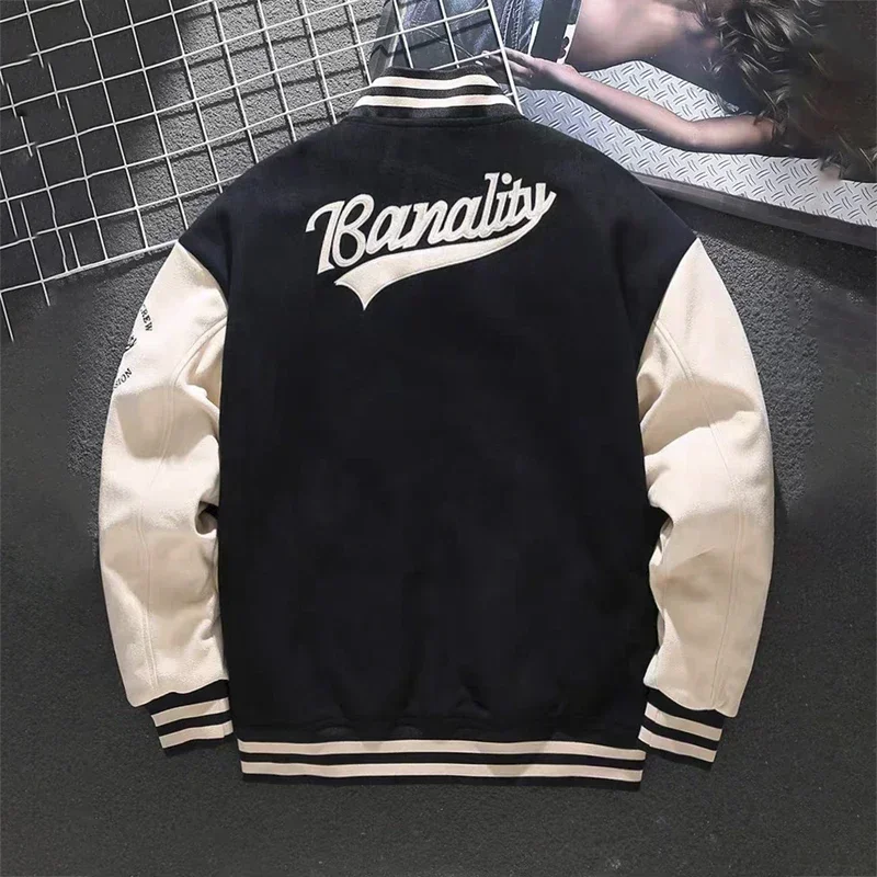 Men\'s Suede Baseball Jackets Vintage Letter Embroidery Patchwork Jacket Coat for Men Autumn Bomber Jacket Outerwear Streetwear