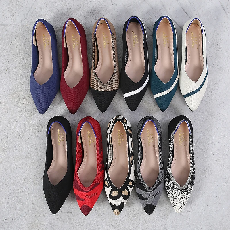 Women's Shoes Mesh Breathable Pointed Toe Flat Shoes Fashion Soft Bottom Knitted Shoes Female Casual Slip on Footwear Loafers
