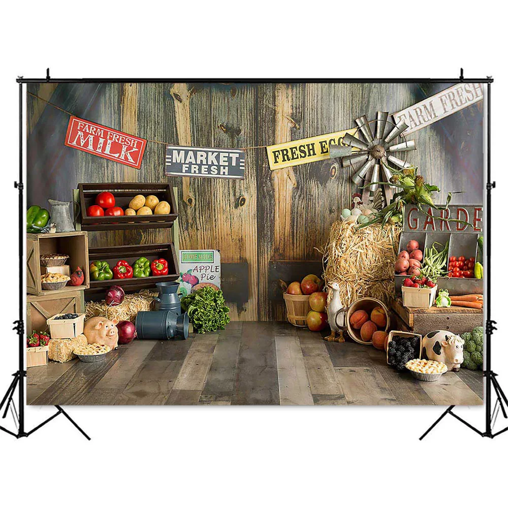 Farm Barn Fresh Market Photography Backdrop Kids Newborn Cake Smash Portrait Photo Background Photocall Vegetables Eggs Apple