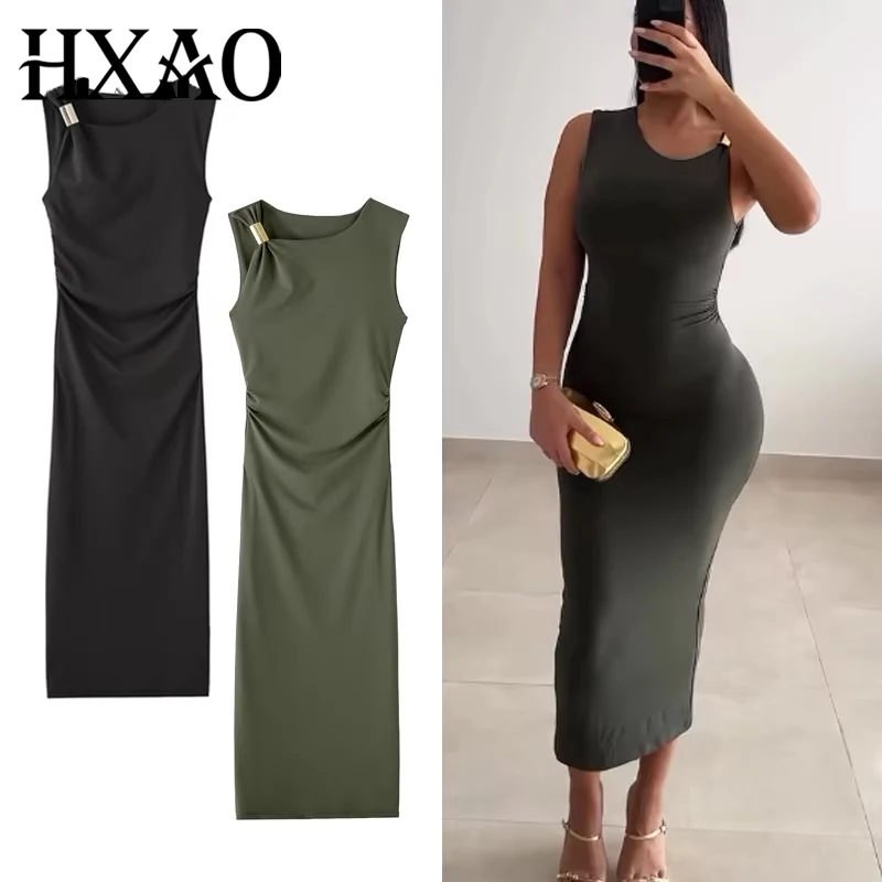 HXAO Grünes Damenkleid, ärmellos, schwarzes Midikleid, gerüscht, Party, lange Kleider, 2025, figurbetont, Sommerurlaubskleider 088