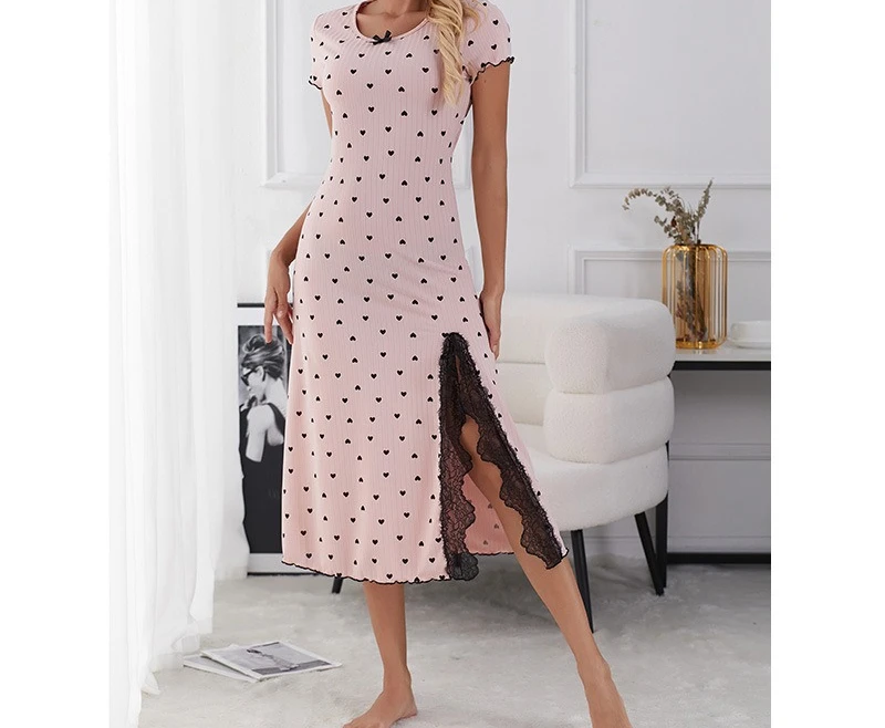 

Women's Elastic Long Sleep Dress with Lace Trim and Polka Dot Rib Knit
