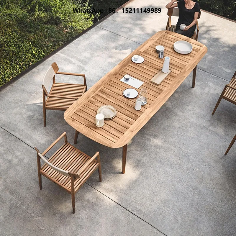 Table and Chair Set Open-Air Courtyard Garden Balcony Anti-Corrosion Solid Wood Long Table