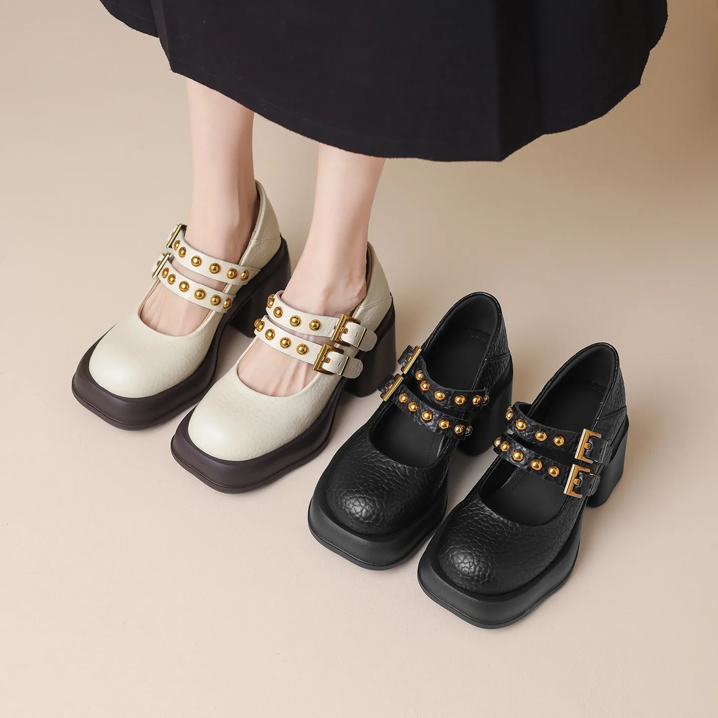

MKKHOU Fashion Pumps New High Quality Genuine Leather Shoes Round Head Rivet Belt Buckle High Heels Mary Janes Women's Shoes