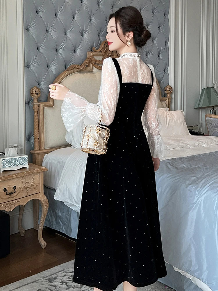 여성 의류 페이크 투피스 블랙 샤이니 레이스 퍼프 슬리브 슬림 이브닝 드레스 우아한 럭셔리 여성 패션 파티 프롬 드레스