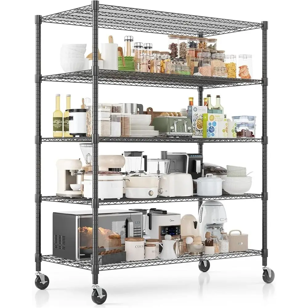 

5 Tier Heavy-Duty Metal Shelving with Wheels, 3000 lbs Capacity, Adjustable Wire Shelves, 24D x 55W x 72H, Black
