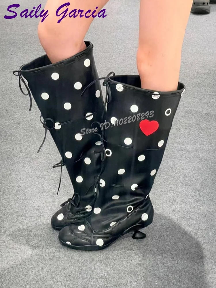 

Polka Dot Ballet Lace-up Knee-high Boots Round Toe Cross-tied Slip-on Women Fashion High-Heeled Boots 2025 Autumn Modern Shoes