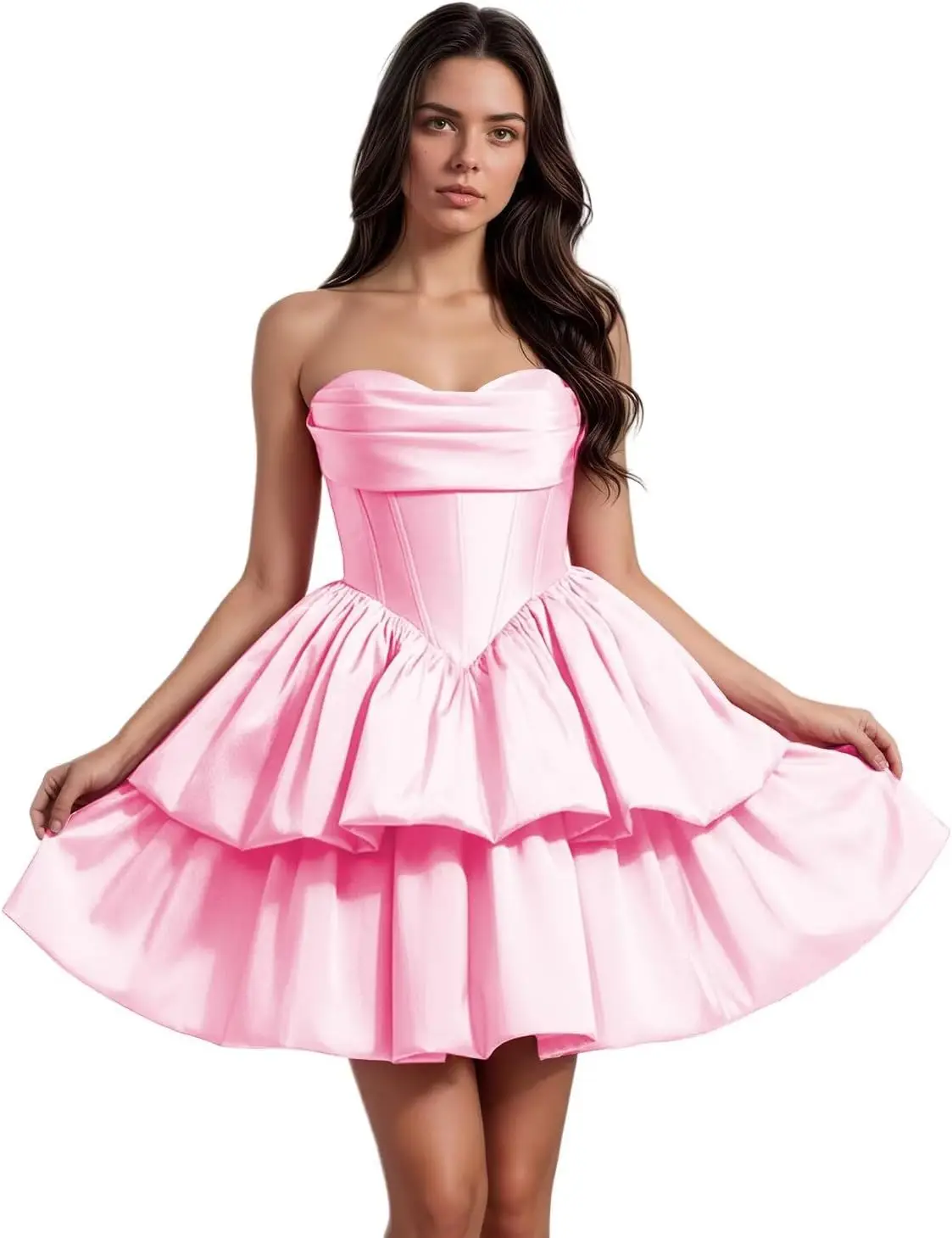 

Атласное платье для встречи выпускников с рюшами для подростков Многоуровневое летнее мини-коктейльное платье с капюшоном и пузырьками выше колена, мини-коктейльное платье