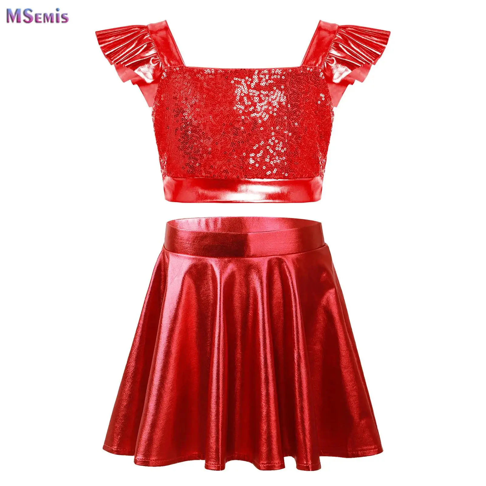Kids Girls Jazz Dance Outfit Sleeveless Metallic Crop Top with Flared Skirt Stage Show Musical Club Party Stage Performance Wear