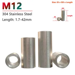 M12 304 Stainless Steel Bushing Washer Round Hollow Unthreaded Standoff Spacer Gasket Sleeve Length 1.7 2 3 4 5 6 7 8 9 - 42mm