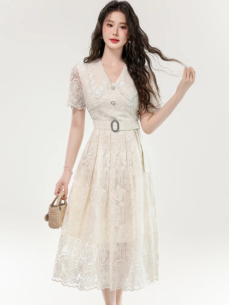 

SMTHMA новые модные однотонные утягивающие кружевные платья с вышивкой для женщин, летнее платье с короткими рукавами и лацканами, женская одежда